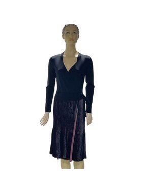 Nic+Zoe Black Wrap Midi Dress With Pleated Skirt & Striped Detail Womens Small